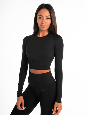 ADAPT Seamless Long Sleeve Crop Top / Blackout-T-Shirts & Tops-Womens