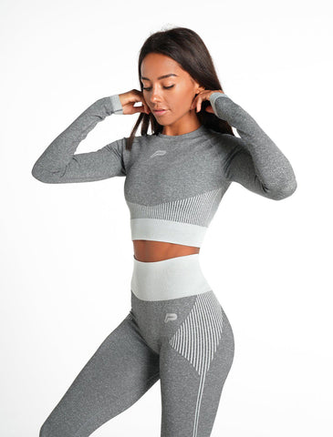 ADAPT Seamless Long Sleeve Crop Top / Light Grey-T-Shirts & Tops-Womens