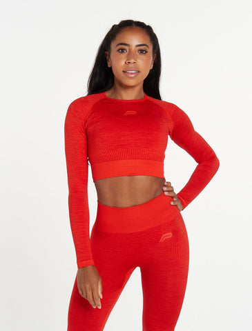 ADAPT Seamless Long Sleeve Crop Top / Red-T-Shirts & Tops-Womens